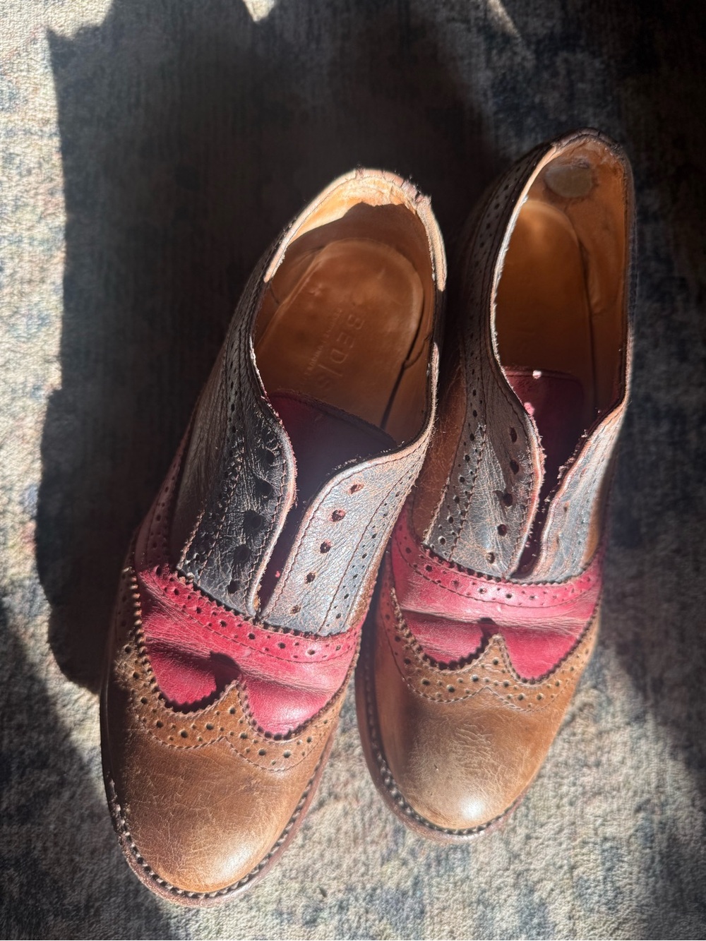 BED|STU Two-Tone Wingtip Flats in Brown and Burgundy